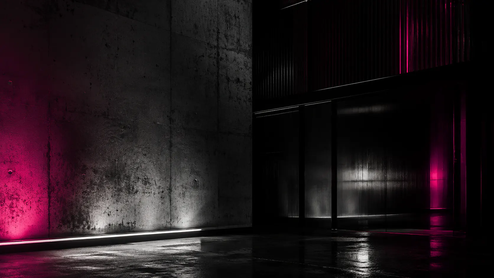 Espacio industrial oscuro iluminado con luces magenta